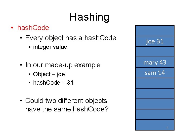 Hashing • hash. Code • Every object has a hash. Code • integer value