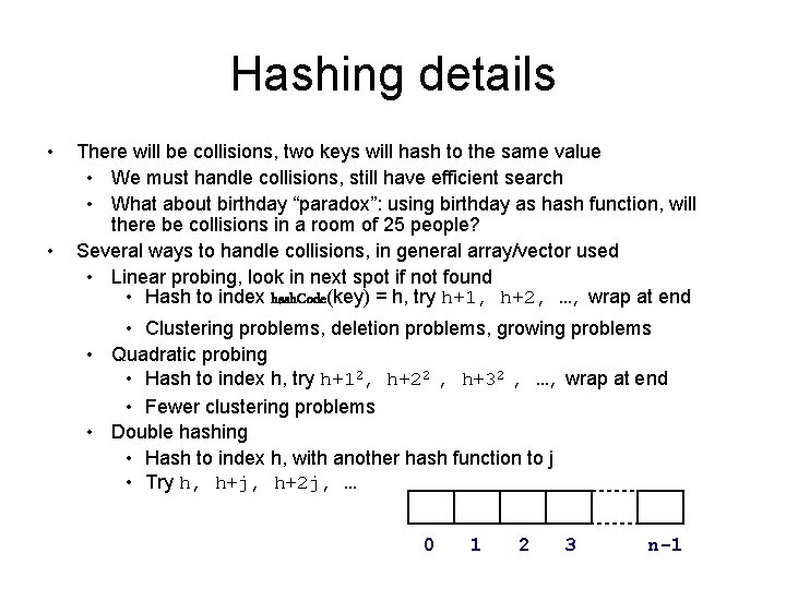 Hashing details • • There will be collisions, two keys will hash to the