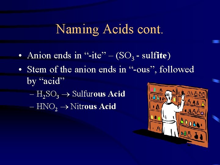 Naming Acids cont. • Anion ends in “-ite” – (SO 3 - sulfite) •