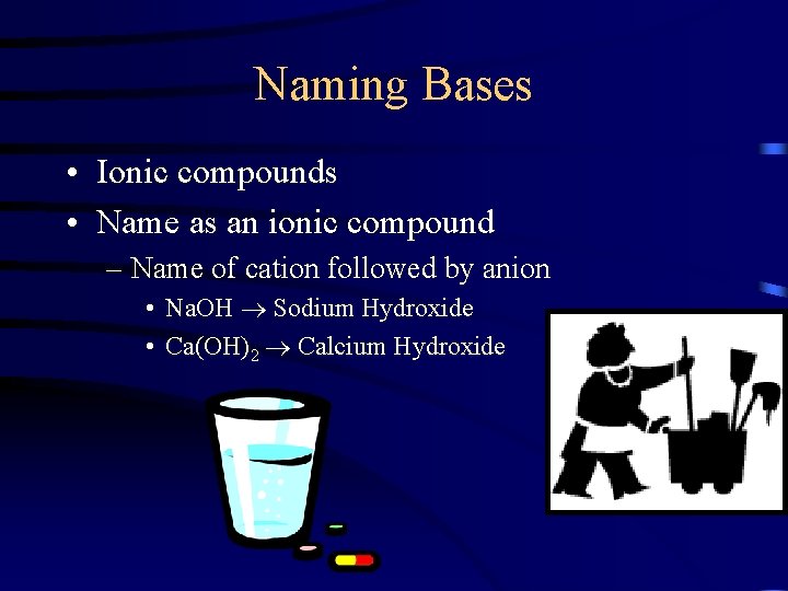 Naming Bases • Ionic compounds • Name as an ionic compound – Name of