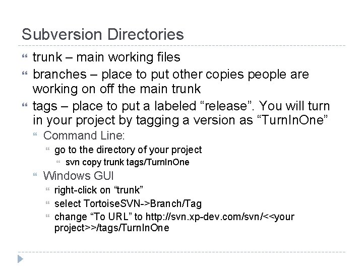 Subversion Directories trunk – main working files branches – place to put other copies Subversion Directories trunk – main working files branches – place to put other copies