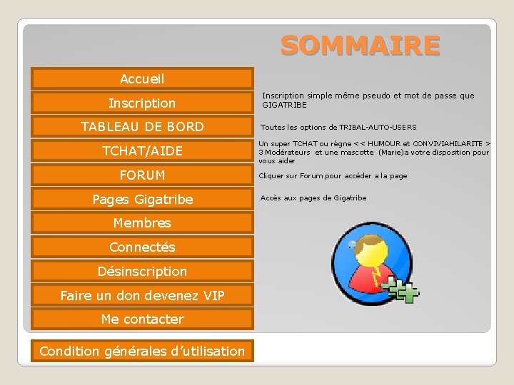 SOMMAIRE Accueil Inscription TABLEAU DE BORD TCHAT/AIDE FORUM Pages Gigatribe Membres Connectés Désinscription Faire
