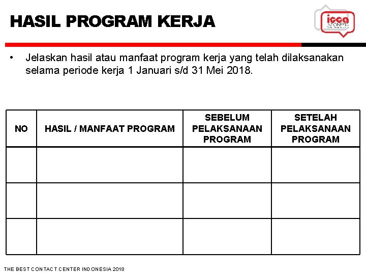 HASIL PROGRAM KERJA • Jelaskan hasil atau manfaat program kerja yang telah dilaksanakan selama