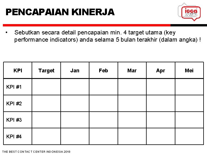 PENCAPAIAN KINERJA • Sebutkan secara detail pencapaian min. 4 target utama (key performance indicators)