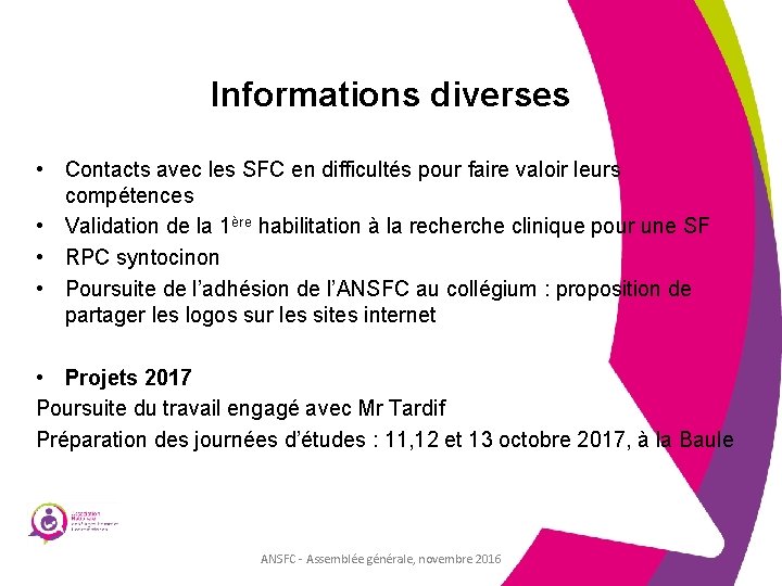 Informations diverses • Contacts avec les SFC en difficultés pour faire valoir leurs compétences