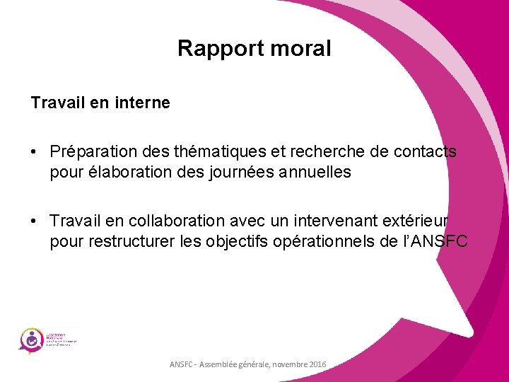 Rapport moral Travail en interne • Préparation des thématiques et recherche de contacts pour