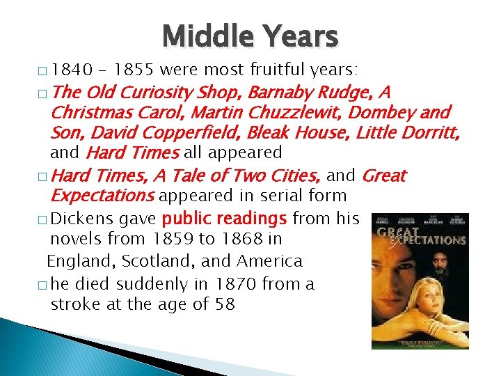 � 1840 � The Middle Years - 1855 were most fruitful years: Old Curiosity