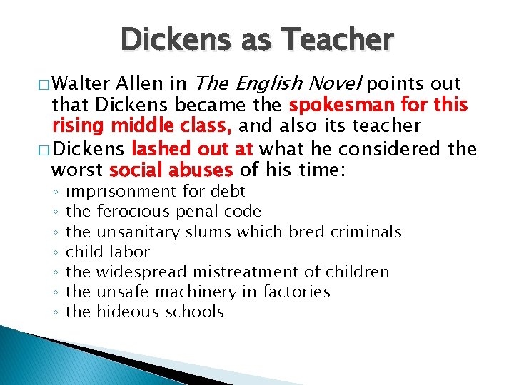 Dickens as Teacher Allen in The English Novel points out that Dickens became the