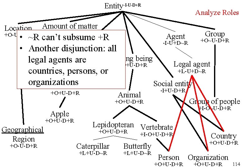 Entity-I-U-D+R Location Analyze Roles Amount of matter Group Agent • ~R can’t subsume +R