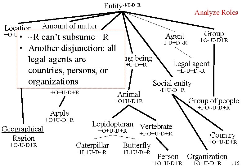 Entity-I-U-D+R Location Analyze Roles Amount of matter Group Agent • ~R can’t subsume +R