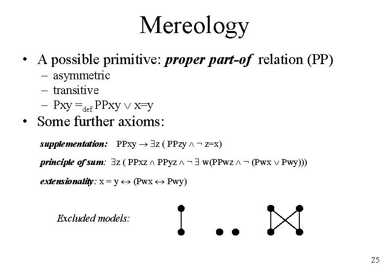 Mereology • A possible primitive: proper part-of relation (PP) – asymmetric – transitive –
