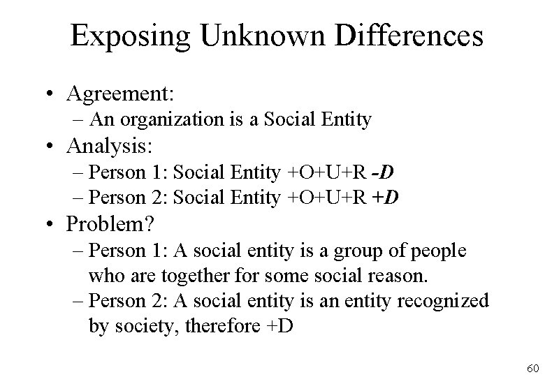 Exposing Unknown Differences • Agreement: – An organization is a Social Entity • Analysis: