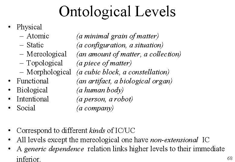 Ontological Levels • Physical – Atomic – Static – Mereological – Topological – Morphological