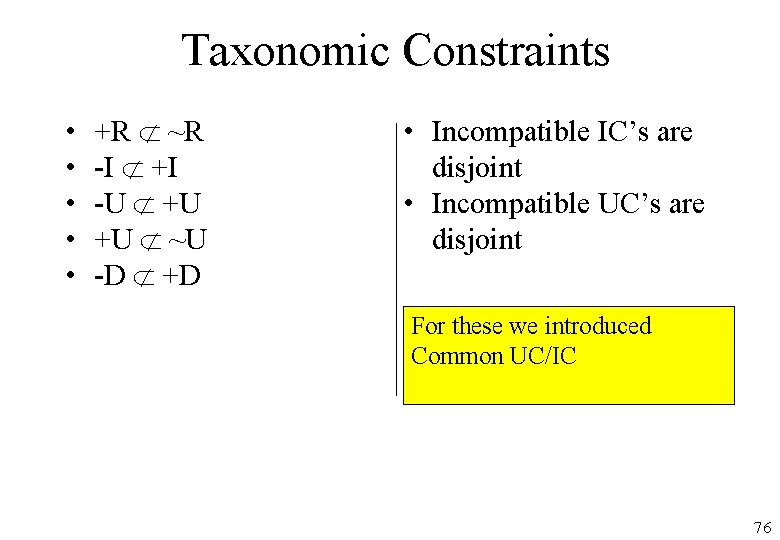 Taxonomic Constraints • • • +R ~R -I +I -U +U +U ~U -D