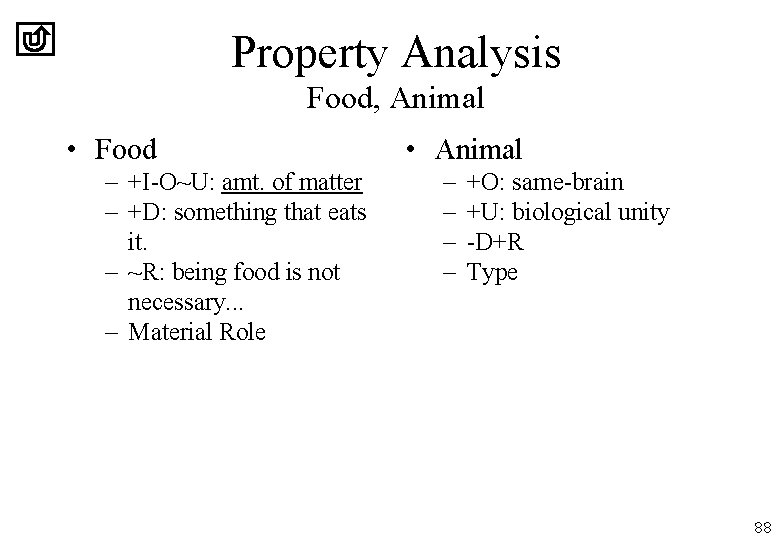 Property Analysis Food, Animal • Food – +I-O~U: amt. of matter – +D: something