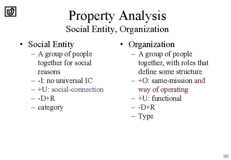 Property Analysis Social Entity, Organization • Social Entity – A group of people together