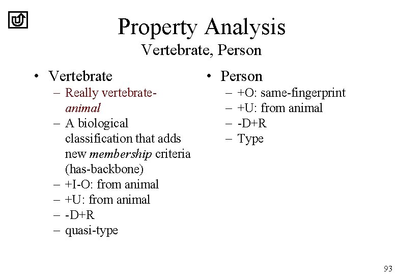 Property Analysis Vertebrate, Person • Vertebrate – Really vertebrateanimal – A biological classification that