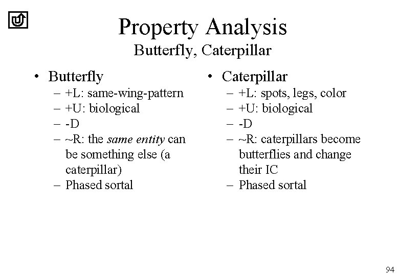 Property Analysis Butterfly, Caterpillar • Butterfly – – +L: same-wing-pattern +U: biological -D ~R: