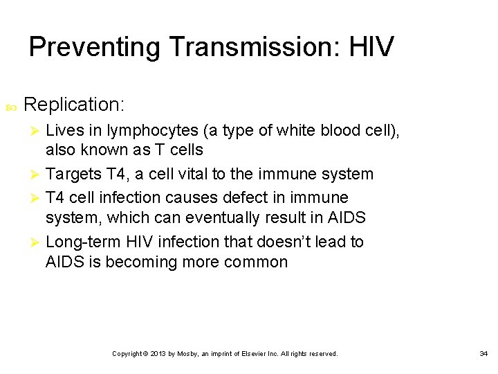 Preventing Transmission: HIV Replication: Lives in lymphocytes (a type of white blood cell), also