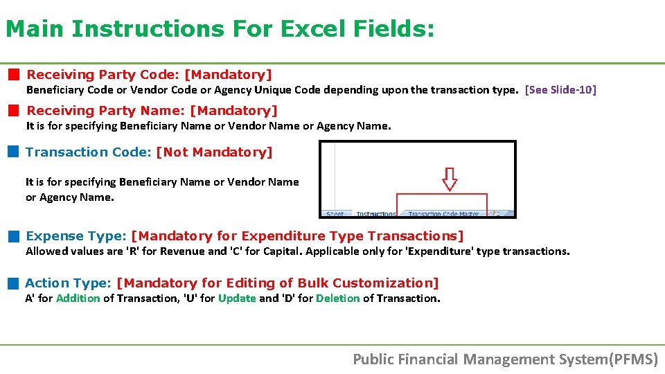 Main Instructions For Excel Fields: Receiving Party Code: [Mandatory] Beneficiary Code or Vendor Code