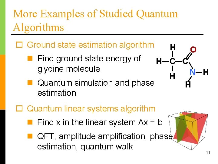 More Examples of Studied Quantum Algorithms o Ground state estimation algorithm H n Find