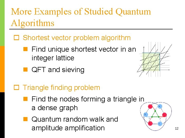 More Examples of Studied Quantum Algorithms o Shortest vector problem algorithm n Find unique