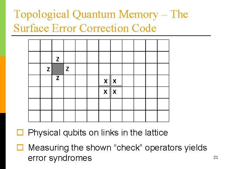 Topological Quantum Memory – The Surface Error Correction Code o Physical qubits on links