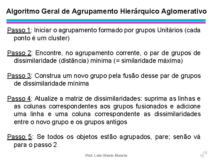 Algoritmo Geral de Agrupamento Hierárquico Aglomerativo Passo 1: Iniciar o agrupamento formado por grupos