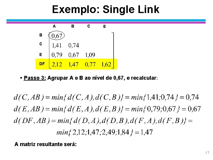 Exemplo: Single Link A B C E DF § Passo 3: Agrupar A e