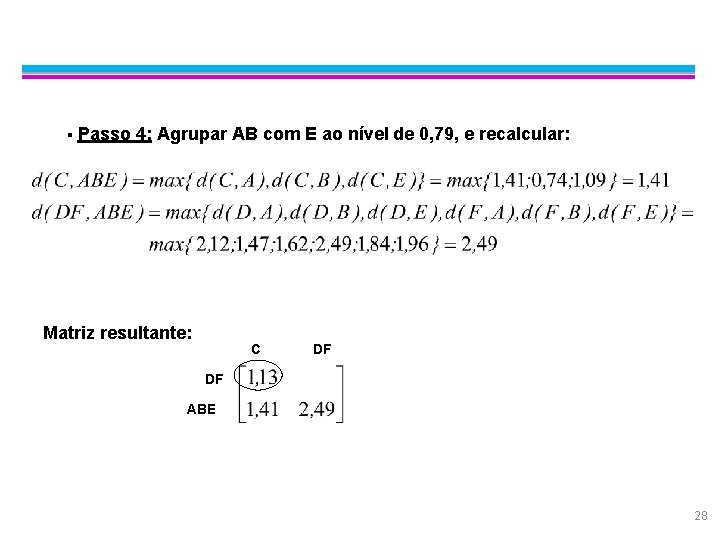 Exemplo: Complete Linkage § Passo 4: Agrupar AB com E ao nível de 0,