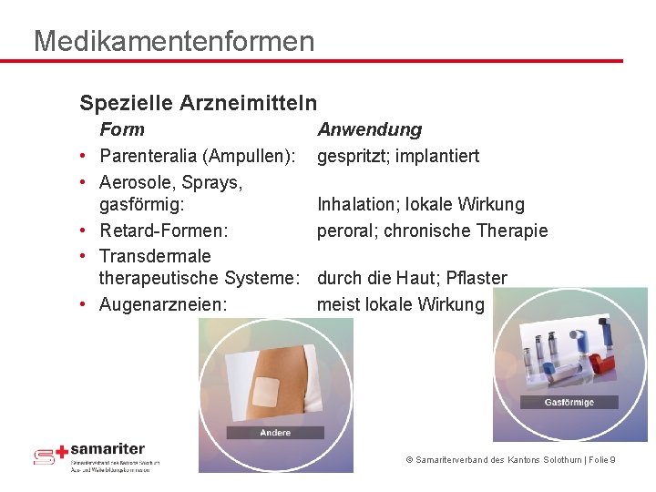 Medikamentenformen Spezielle Arzneimitteln • • • Form Parenteralia (Ampullen): Aerosole, Sprays, gasförmig: Retard-Formen: Transdermale