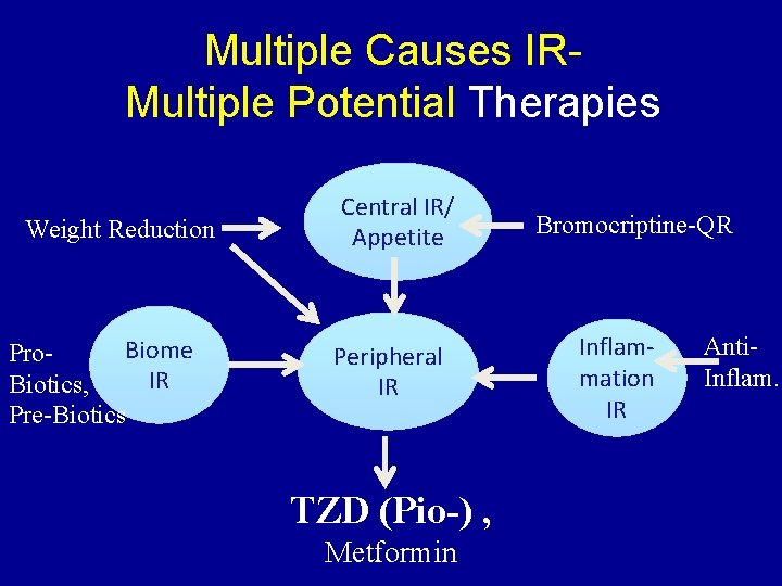 Multiple Causes IRMultiple Potential Therapies Weight Reduction Biome Pro. IR Biotics, Pre-Biotics Central IR/