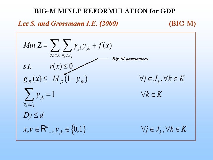 BIG-M MINLP REFORMULATION for GDP Lee S. and Grossmann I. E. (2000) Big-M parameters