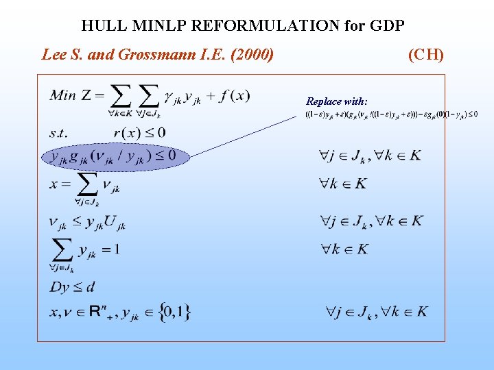 HULL MINLP REFORMULATION for GDP Lee S. and Grossmann I. E. (2000) (CH) Replace