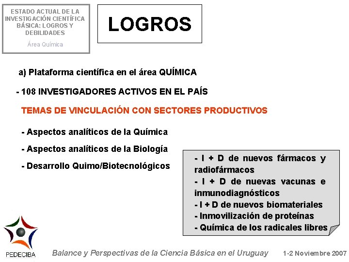 ESTADO ACTUAL DE LA INVESTIGACIÓN CIENTÍFICA BÁSICA: LOGROS Y DEBILIDADES LOGROS Área Química a)