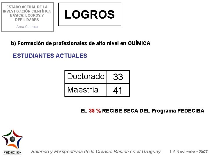 ESTADO ACTUAL DE LA INVESTIGACIÓN CIENTÍFICA BÁSICA: LOGROS Y DEBILIDADES LOGROS Área Química b)