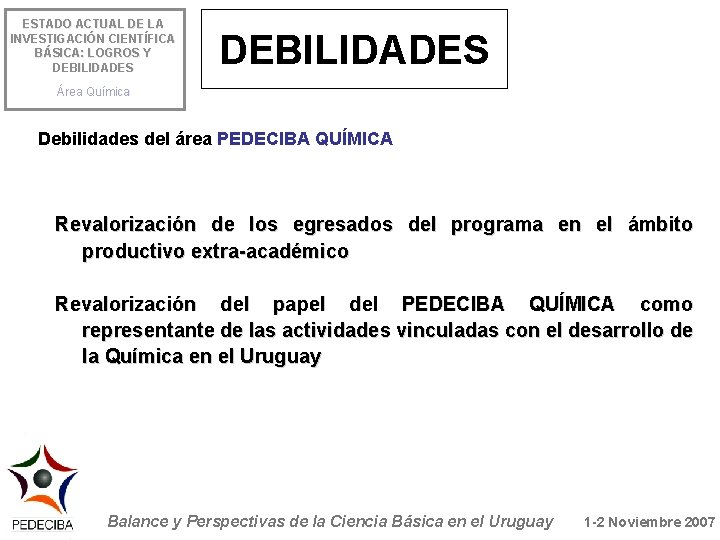 ESTADO ACTUAL DE LA INVESTIGACIÓN CIENTÍFICA BÁSICA: LOGROS Y DEBILIDADES Área Química Debilidades del