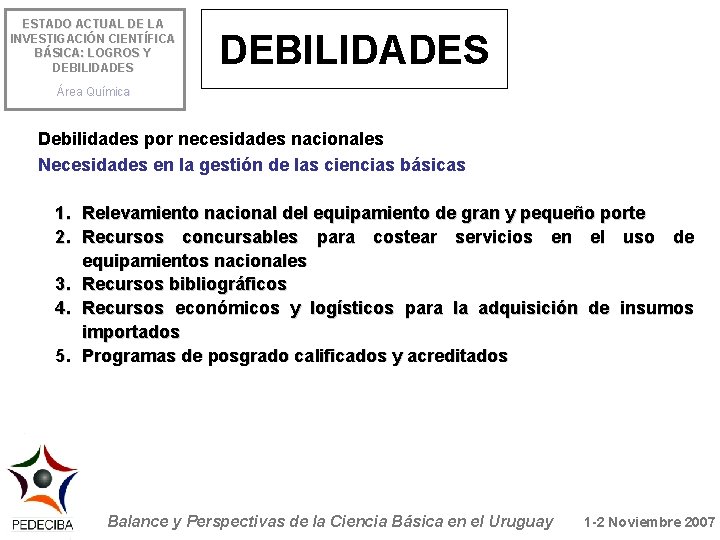 ESTADO ACTUAL DE LA INVESTIGACIÓN CIENTÍFICA BÁSICA: LOGROS Y DEBILIDADES Área Química Debilidades por