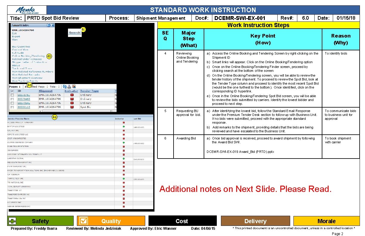 STANDARD WORK INSTRUCTION Title: PRTD Spot Bid Review Process: Shipment Management Doc#: DCEMR-SWI-EX-001 Rev#: