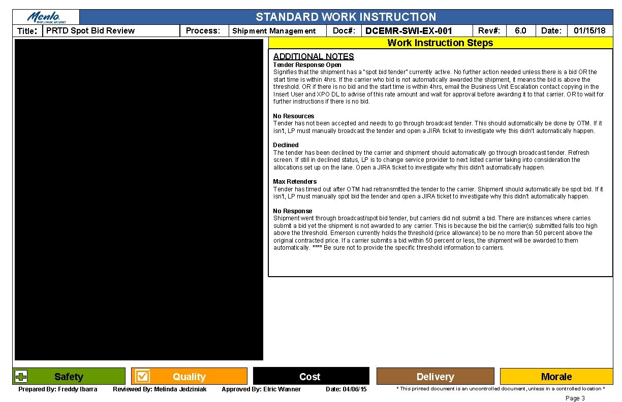 STANDARD WORK INSTRUCTION Title: PRTD Spot Bid Review Process: Shipment Management Doc#: DCEMR-SWI-EX-001 Rev#: