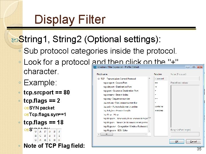 Display Filter String 1, String 2 (Optional settings): ◦ Sub protocol categories inside the