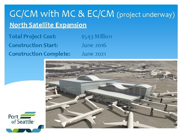 GC/CM with MC & EC/CM (project underway) North Satellite Expansion Total Project Cost: Construction