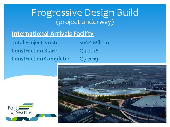 Progressive Design Build (project underway) International Arrivals Facility Total Project Cost: Construction Start: Construction