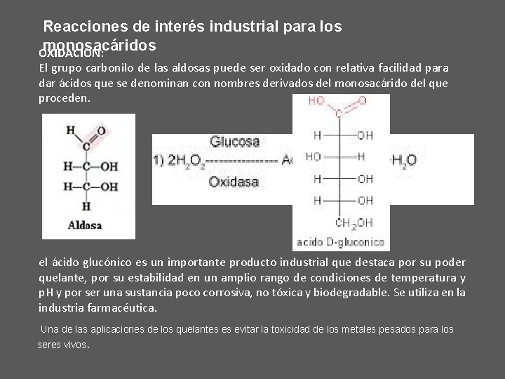 Reacciones de interés industrial para los monosacáridos OXIDACIÓN: El grupo carbonilo de las aldosas