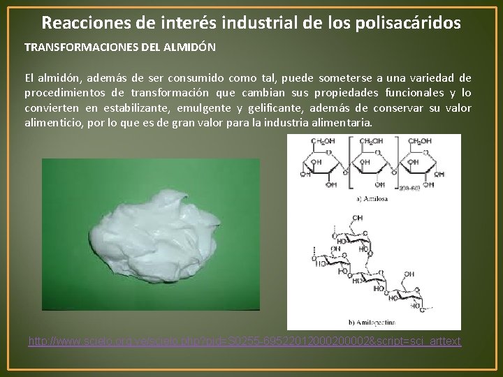 Reacciones de interés industrial de los polisacáridos TRANSFORMACIONES DEL ALMIDÓN El almidón, además de