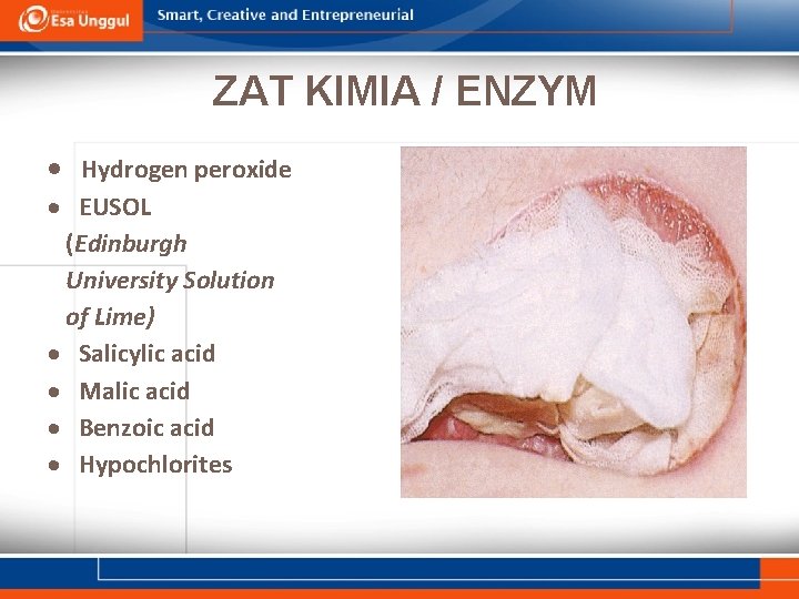 ZAT KIMIA / ENZYM Hydrogen peroxide EUSOL (Edinburgh University Solution of Lime) Salicylic acid