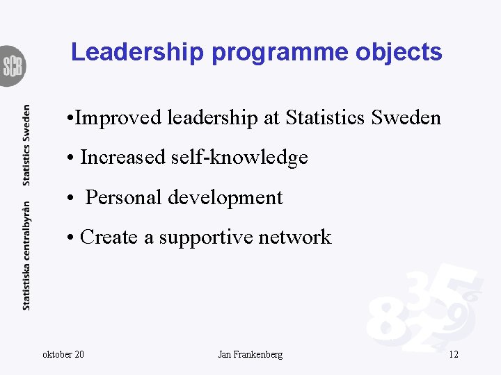 Leadership programme objects • Improved leadership at Statistics Sweden • Increased self-knowledge • Personal