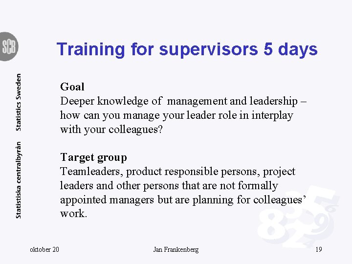 Training for supervisors 5 days Goal Deeper knowledge of management and leadership – how