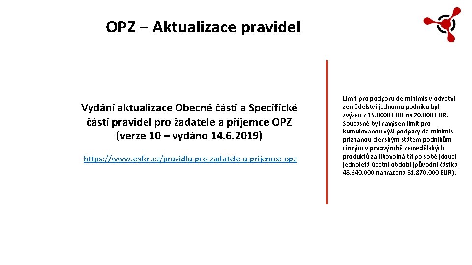 OPZ – Aktualizace pravidel Vydání aktualizace Obecné části a Specifické části pravidel pro žadatele