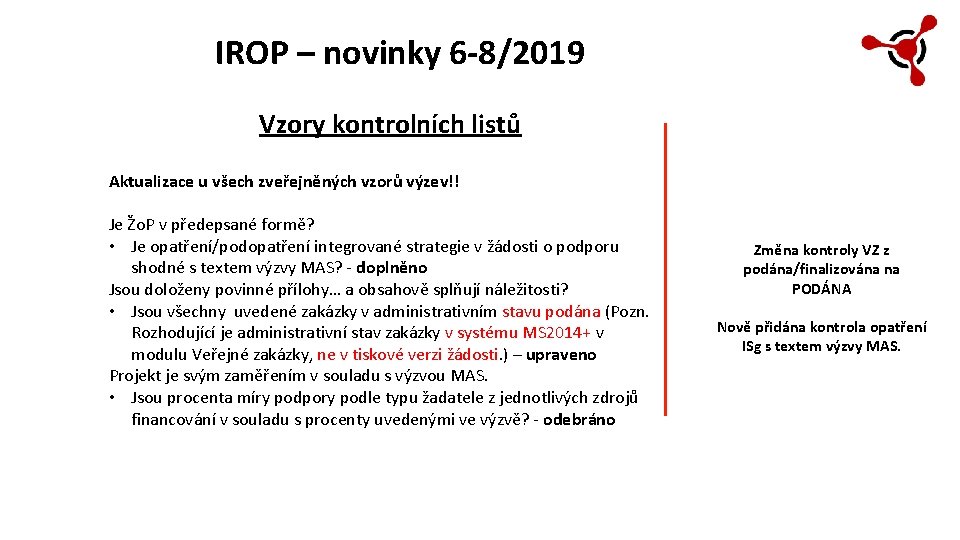 IROP – novinky 6 -8/2019 Vzory kontrolních listů Aktualizace u všech zveřejněných vzorů výzev!!